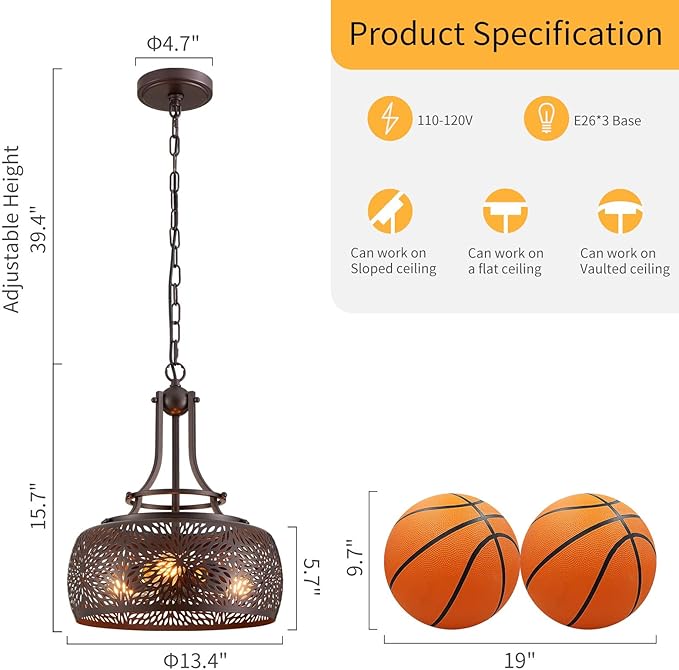 WUZUPS Chandelier Rustic Farmhouse Industrial Round Ceiling Pendant LED Light Fixture with Later-Cut Openwork Drum Shade, H 15.7" x W 13.4", Oil Rubbed Bronze