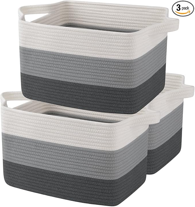 OIAHOMY Storage Basket, Woven Baskets for Storage, Cotton Rope Basket for toys,Towel Baskets for Bathroom - Pack of 3, Gradient Dark Gray
