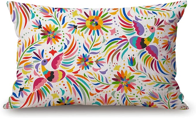12x20 Inches Pillow Covers Rustic Farmhouse Decor Mexican Floral Pillowcases Cotton Linen Ethnic Art Birds and Paisley Flowers Throw Pillow Case Cushion Cover for Sofa Couch Bedroom