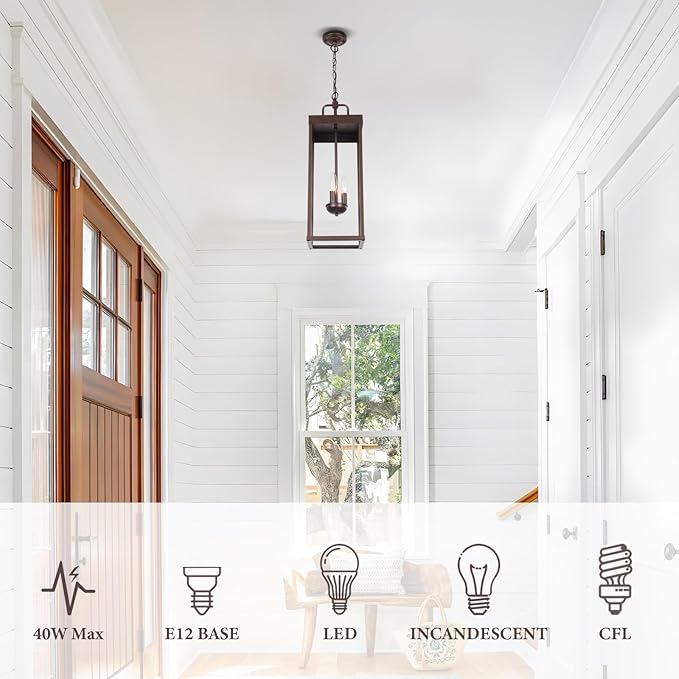 Large Outdoor Pendant Lantern Light Fixture for Front Porch, 24 Inch 3-Light Bronze Exterior Hanging Chandelier with Clear Glass, Outdoor Indoor Pendant Lamp for Patio, Gazebo, RZ008L-H ORB