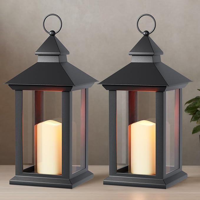 Lanterns Decorative Indoor, 2 Pack Black Outdoor Lantern with Timer, 14" Lantern Waterproof with Battery Operated Candle, Outdoor Hanging Lanterns for Porch, Patio, Wedding Decor