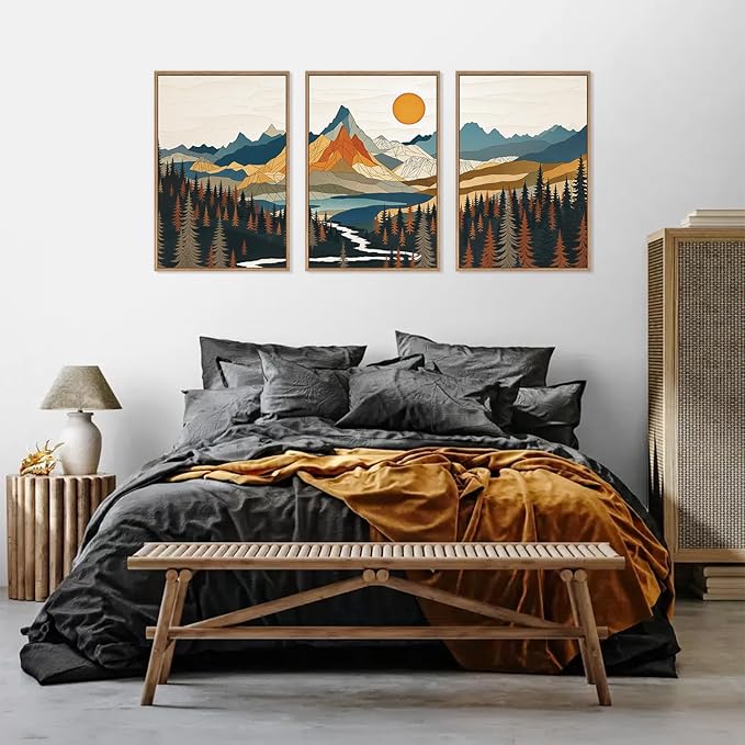 HLNIUC Large Sunset Mountain Framed Wall Art,Boho Forest Pine Tree Canvas Wall Decor Set of 3(16”X24”) Blue and Orange Landscape Art Print,Colorful Mountain Lake Wall Painting for Living Room,Bedroom