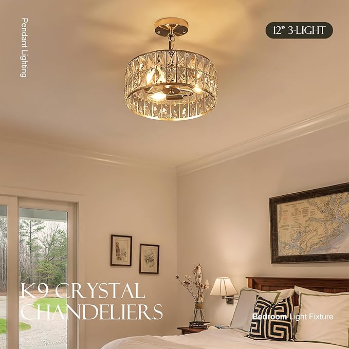 12” 3-Light Modern Crystal Chandeliers Nickel Dinning Room Light Fixture, Round Pendant Light Kitchen Island Chandelier, Flush Mount Ceiling Light for Living Room Entryway Bedroom Foyer