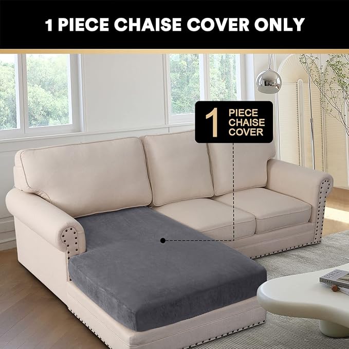 PrinceDeco Sectional Couch Covers Velvet Couch Cover for Dogs Washable L Shaped Couch Cover 1 Piece Individual Sectional Couch Covers with Elastic Bottom(Chaise Lounge,Grey)