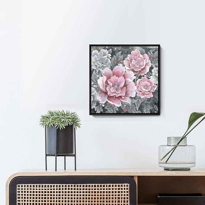 Pink Wall Art Bathroom Décor Modern Framed Floral Wall Picture Black and White Artwork Peony Flower Canvas Print for Bedroom Office Dining Room Décor Small