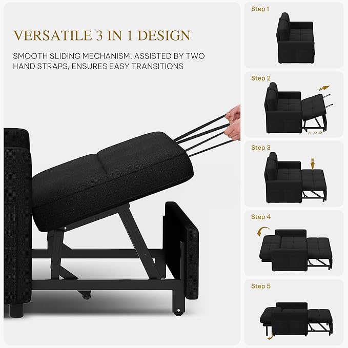 YITAHOME 55" Convertible Sofa Bed, 3-in-1 Sleeper Sofa with Iron Frame Pull-Out Bed, Linen Futon Couch with Reclining Backrest and Side Pocket, Modern Loveseat for Living Room Bedroom Apartment, Black