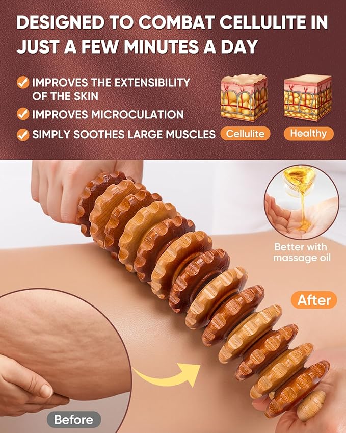 ONUEMP Wood Therapy Massage Tools, Wooden Bend Waist Thigh Massager & Muscle Roller Stick, Maderoterapia Colombiana Kit for Lymphatic Drainage, Anti Cellulite, Body Contouring/Shaping, Deep Tissue