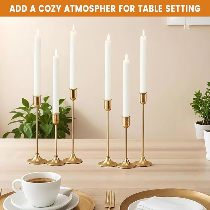 6 Pcs Brass Gold Candle Holders Set, Candelabra Tall Candle Stand, Metal Taper Candlestick Holders for Dining, Table Centerpieces & Vintage Home Decor– Housewarming Gift for Halloween Decor, Christmas
