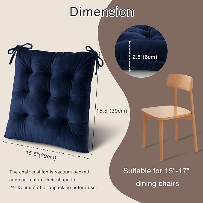 OVOV Chair Cushions for Dining Chairs Set of 6 Tufted Indoor Chair Pads with Ties Soft Square Seat Cushions for Kitchen Chairs 15.5"x15.5",Navy