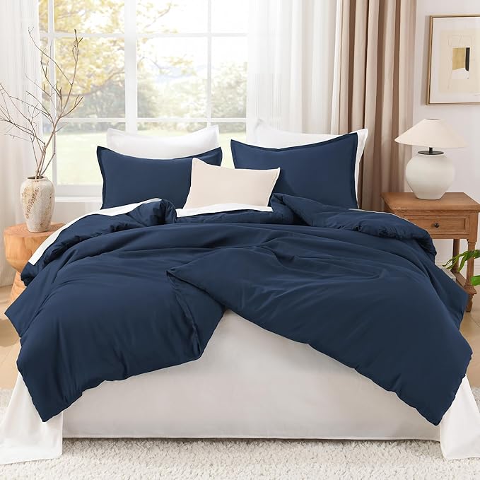 Litanika Navy Blue Comforters Oversized King Size, 3 Pieces Lightweight Solid Bedding Comforter Set, All Season Fluffy Bed Set (120x98In Comforter & 2 Pillowcases)