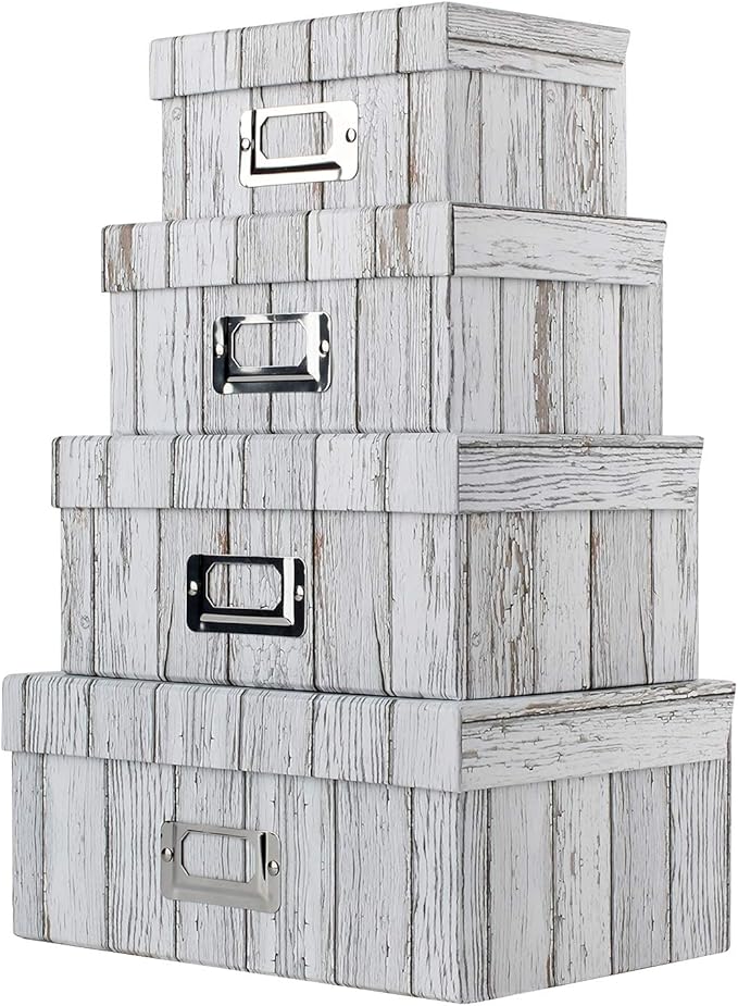 Briful Photo Boxes Storage, Storage Boxes with Lids 4 in 1 Set Water-Proof Storage Box Sets with Handles Decorative Multiple Size Storage Bins with Lids for Clothes/Shoes/Office/Cosmetic/Books