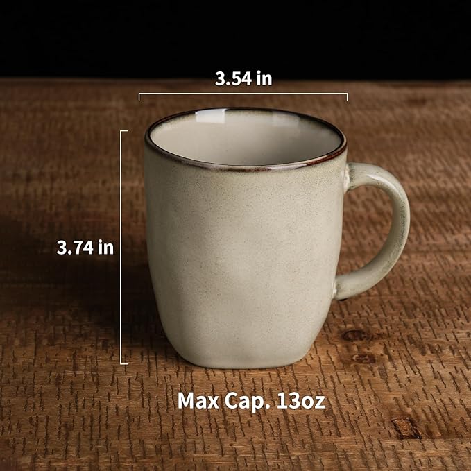 famiware Coffee Mugs Set of 4, Ocean Square 13oz Coffee Cup Set with Handle for Cocoa, Milk, Hot Chocolate, Tea, Water, Stoneware Cups for Kitchen, Microwave and Dishwasher Safe, Light khaki
