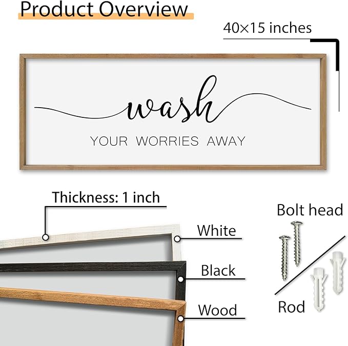 SRSZHIYUE Wash Your Worries Away Bathroom Sign Wall Art 40"x15" Funny Restroom Toilet Large Wood Framed Hanging Decor (Wood)
