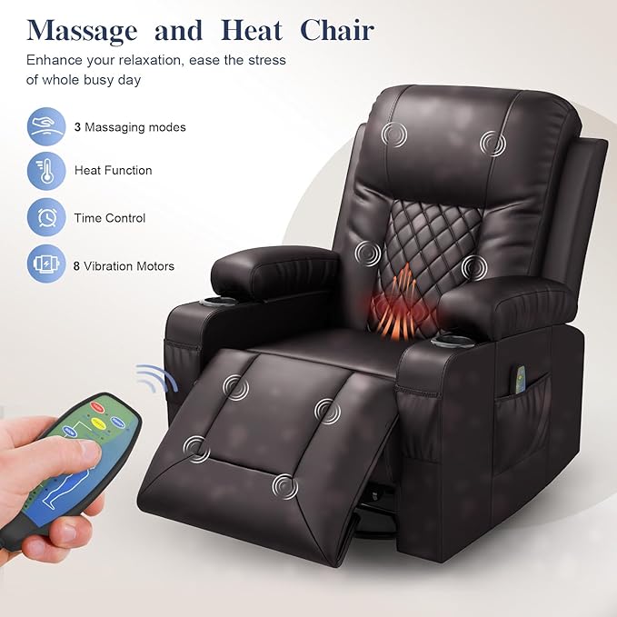 Recliner Chairs for Adults, FSC Certified Massage Rocker with Heated Modern Ergonomic Lounge 360 Degree Swivel Single Sofa Seat Living Room Lounge Recliners Brown
