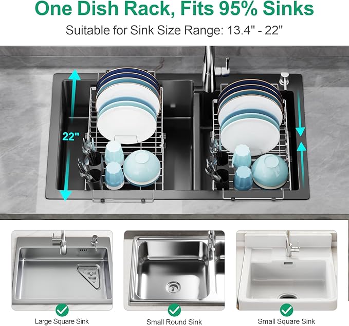 GSlife in Sink Dish Drying Rack - Capacity Expandable Stainless Steel Over Sink Dish Drainer Drying Rack (13.4''-20.4'') with Silicone Mat for Kitchen Counter Large Capacity, Black