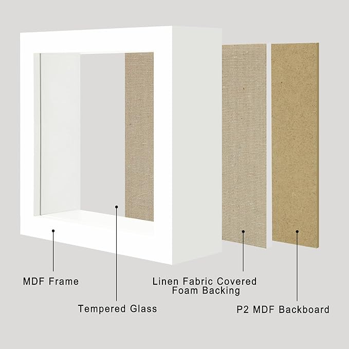 5x5 Small Shadow Box Picture Frame Display Case with Soft Linen Back, White Wooden Memory Shadow Box Frame with Tempered Glass Cover for Wall or Tabletop Display