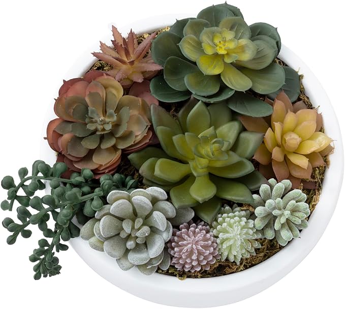 MyGift 8 Inch Round Modern Artificial Succulent Arrangement Potted in White Concrete Plant Bowl, Assorted Faux Mini Succulents in a Decorative Planter Pot