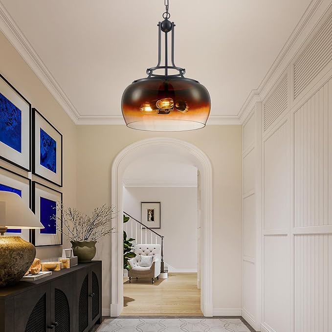 WUZUPS Chandelier Rustic Farmhouse Industrial Round Ceiling Pendant LED Light Fixture with Amber Gradient Black Glass Shade for Dining Room Kitchen Island Foyer Entryway, H 20.9" W 15.9", E26 Base