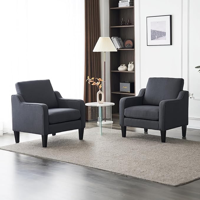 VINGLI Accent Chairs Set of 2 Living Room Chairs Dark Grey Reading Chair for Bedroom Scooped Arm Chair Mid Century Modern Linen Chairs Upholstered Comfy Chair for Apartment, Waiting Room