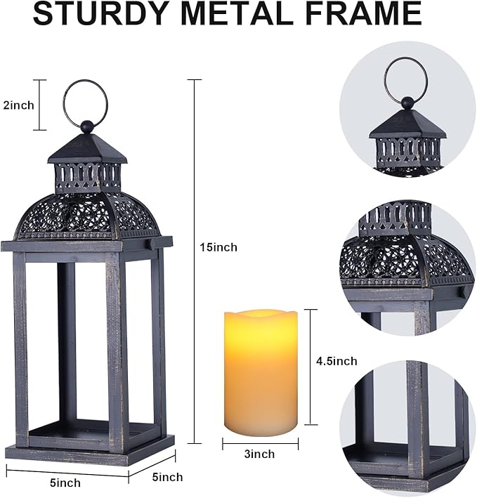 NEEDOMO Fall Decorations for Home, 2 Pcs 15'' Fall Lantern Indoor Outdoor Thanksgiving Decor, Vintage Metal Hanging Candle Holders with Fall Teardrop Wreath and LED Candle for Patio, Porch, Table