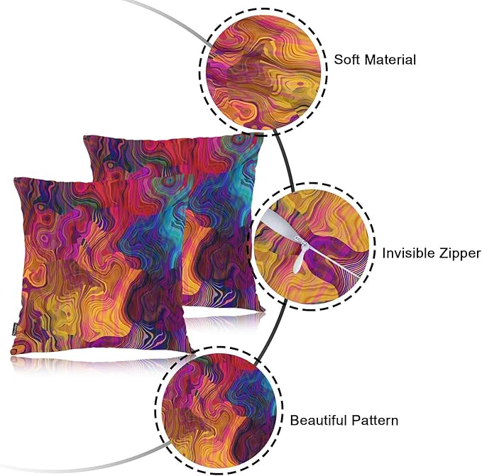 Swono Set of 2 Decorative Throw Pillow Covers Chaotic Waves, Abstract Blur Chaotic Waves Rainbow Pillowcases Accent Pillow Cushion Cover for Couch Sofa Bed Office Armchair 18 X 18 Inch