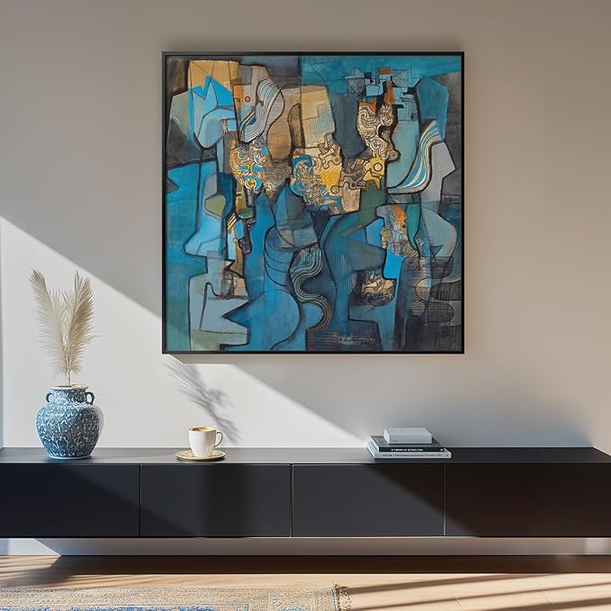 Large Framed Blue Modern Abstract Wall Art for Living Room, Canvas Paintings Artwork for Walls, Minimalist Art Prints Pictures for Hallway Bedroom Office Wall Decor -30x30 Inch