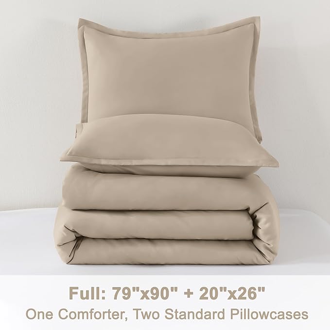 Litanika Khaki Comforter Set Full Size, 3 Pieces Solid Bedding Comforter Set, All Season Down Alternative Bed Set (79x90In Comforter & 2 Pillowcases)