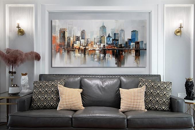 Arjun Brooklyn Bridge Wall Art Modern New York City Abstract Canvas Cityscape Painting Large Size Framed, Colorful NYC Skyline Textured Picture for Living Room Bedroom Home Office Wall Decor, 40"x20"