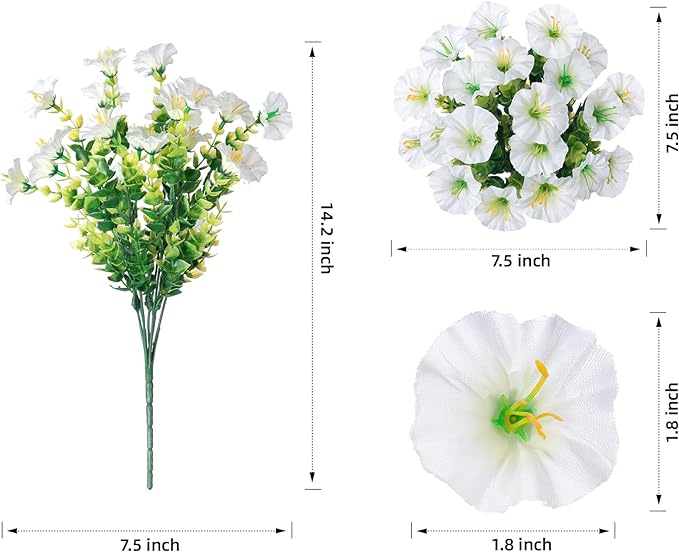 Artificial Flowers for Outdoors Fake Plants Outside Decoration, 12 Bundles Silk White Morning Glory UV Resistant Look Real Faux Flowers for Planter Front Door Porch Patio Yard Gardens Balcony