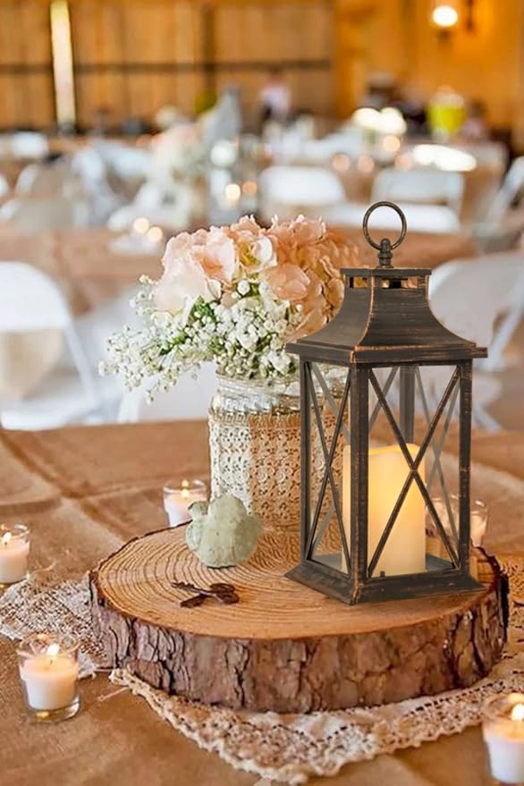 YAKii 14" Decorative Candle Lantern LED Flameless Candle Timer, Plastic LED Candle & Holder, Indoor & Outdoor Hanging Lights,Christmas Day Decoration (Antique Copper Brushed 2 PCS)