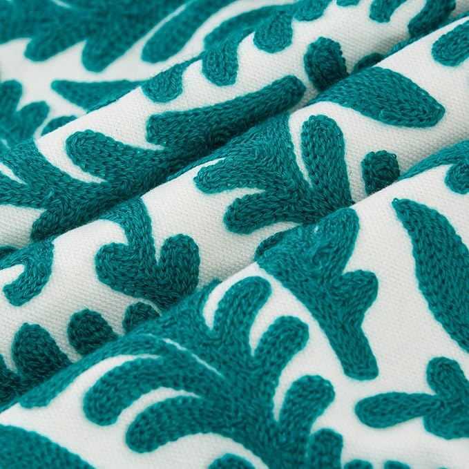 HWY 50 Teal Decorative Throw Pillow Covers 18x18 Inch (1 Piece), Embroidered Cotton Farmhouse Cushion Cover Pillow Case for Sofa Couch Living Room Bed Bedroon, Floral Branches