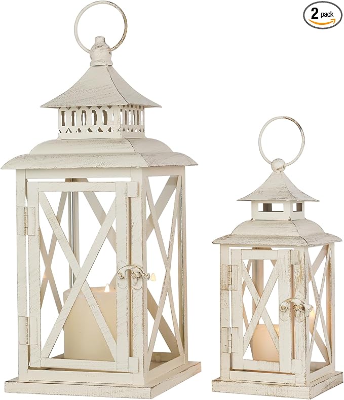 Lanterns Decorative Outdoor&Indoor, Set of 2 (14"&10") Beige Metal Lantern Decor with Glass, Candle Holder for Porch, Patio, Garden, Balcony, Wedding, Table Centerpiece