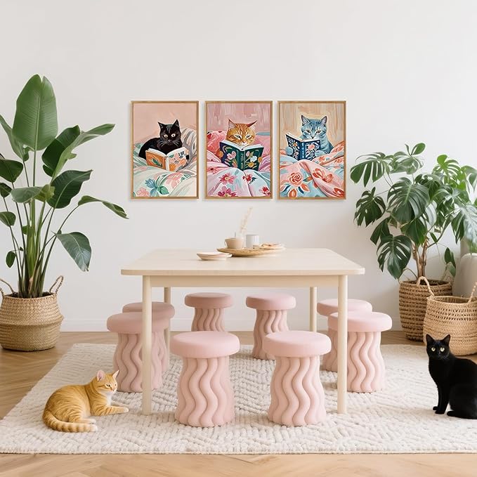 HPNIUB Framed Vintage Black Cats Canvas Wall Art, Funny Animal Reading Books Poster Printing Pictures, Pink Cute Cat Lovers Wall Decor for Girls Room Bedroom Kids Room Living Room Classroom- 24 x36 x3