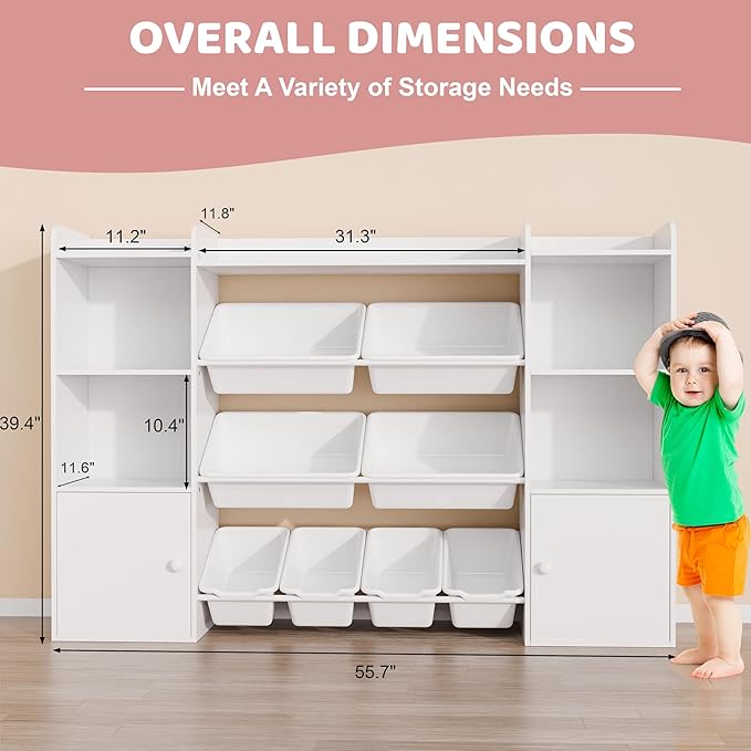 Xilingol Kids Toy Storage Organizer W/8 Removable Toy Bins, 4-Tier Toy Organizers W/6 Storage Cubbies, Kid Bookshelf and Toy Storage for Playroom, Bedroom, Kids Room, Classroom