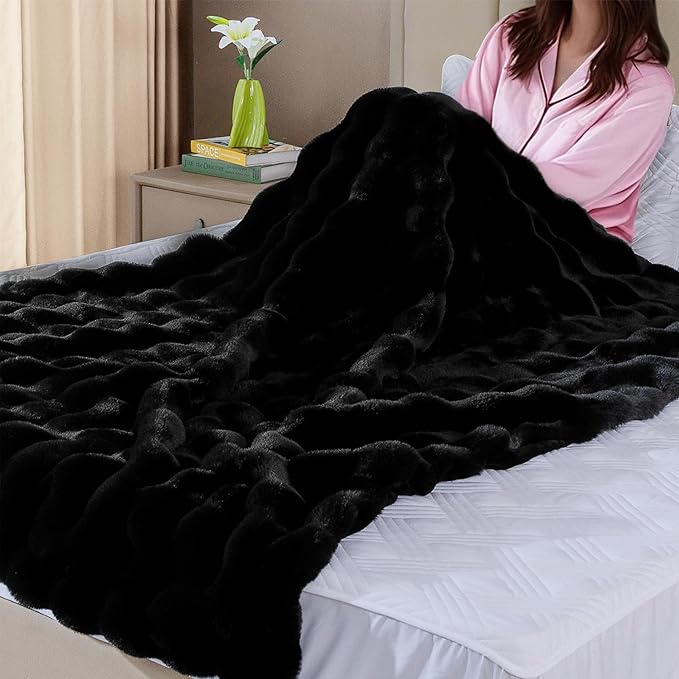 Faux Fur Black Thick Soft Throw Blanket 60X80 for Bed Couch Gift Office Chair Bunny Faux Rabbit Fur Blanket Decorative Warm Throw Blanket 860 GSM