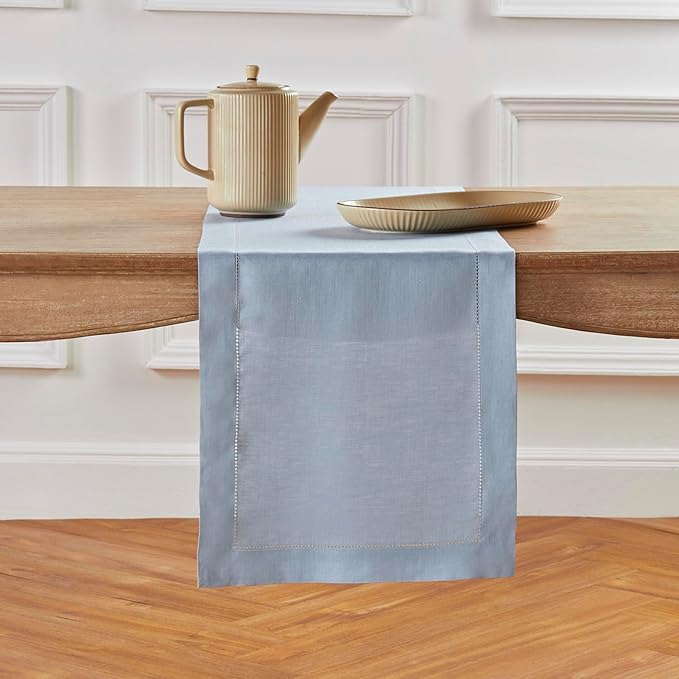 Solino Home Linen Dusty Blue Table Runner 48 Inches - Classic Hemstitch, 100% Pure Linen Coffee Table Runner 14 x 48 Inch Ideal for Dresser Tables - Fall, Autumn, Halloween, Thanksgiving
