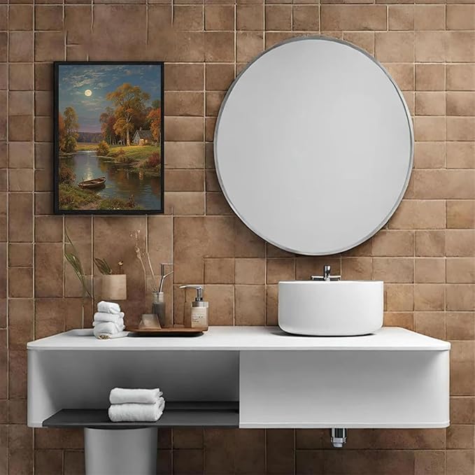 Small house by the stream under the moonlight tranquil style suitable for living room bedroom and office landscape poster wall art