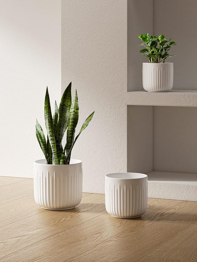 LE TAUCI Fluted Ceramic Planters Set of 3 – 8.3/7 / 5.7 in White Cylinder Indoor Plant Pots with Drainage Plug & Mesh, Matte Glazed Stoneware Flower Pots for Succulent Herb Cactus