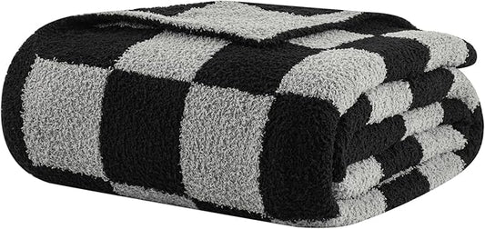 bearberry Fuzzy Checkerboard Grid Throw Blanket Soft Cozy Warm Microfiber All Season Blanket Decor for Couch Sofa Bed Travel Home (Black/Grey, 50''x60'')
