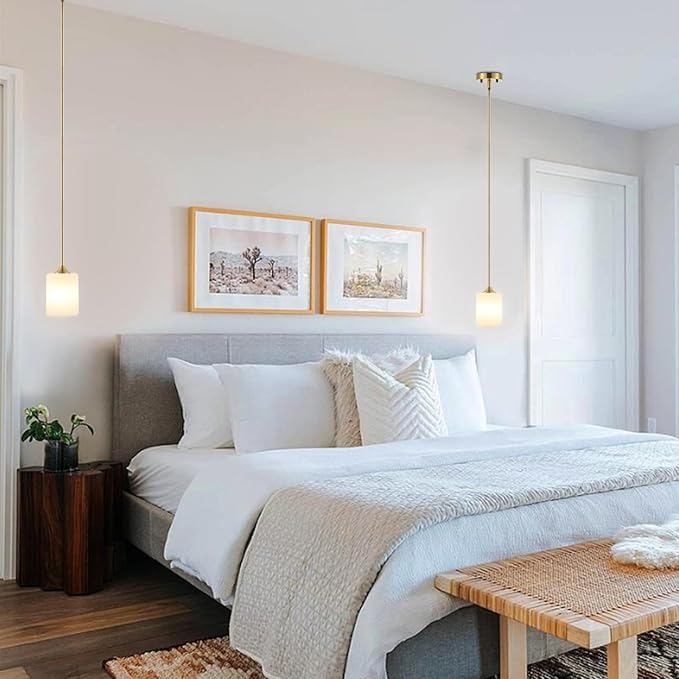 Modern Gold Pendant Light Brushed Brass Mid Century Chandelier White Cylinder Glass Shades Adjustable Rods Farmhouse Ceiling Hanging Lighting Fixture Kitchen Island Dining Room Bedroom