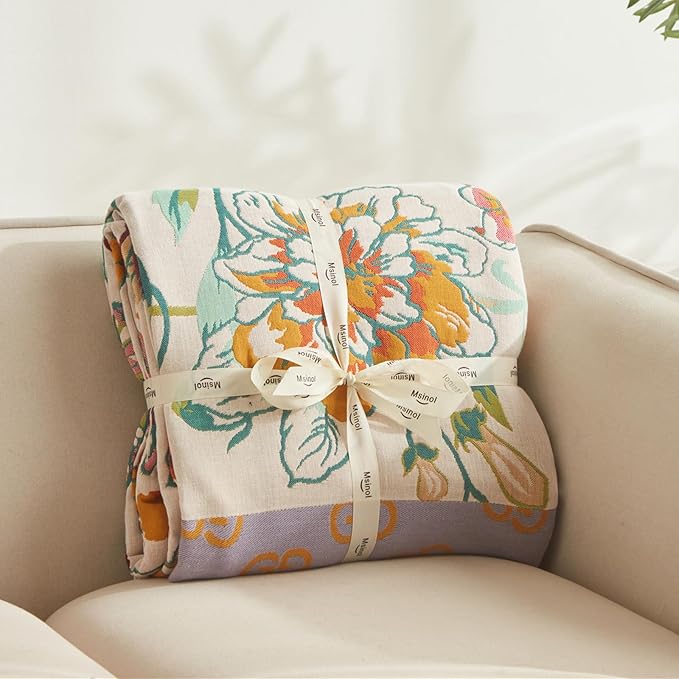 Cotton Throw Blanket Pure Cotton Floral Pattern Large Throw Blanket for Bed Summer Blanket Throw Farmhouse Decor Sofa Cover Bed Decoration (80"x90",05-Butterfly and Flower)