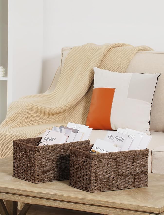 StorageWorks Round Paper Rope Storage Baskets, Rectangular Wicker Baskets with Built-in Handles, Medium, 2-Pack