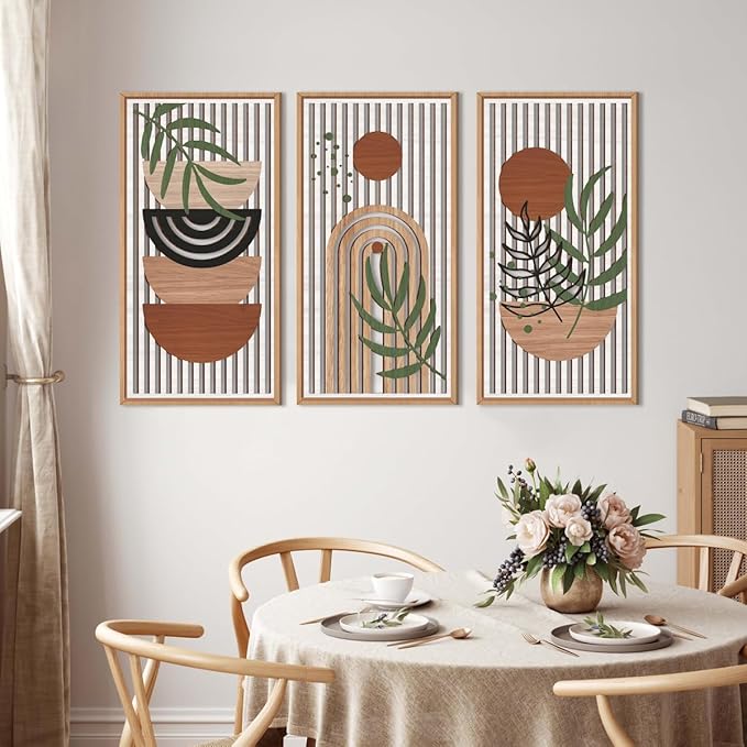 IARTTOP Large Boho Wood Wall Art Framed 16x32 Inch Mid century Modern Wooden Wall Decor Abstract Bohemian Minimalist Art Decor for Bedroom Living Room Office Set of 3