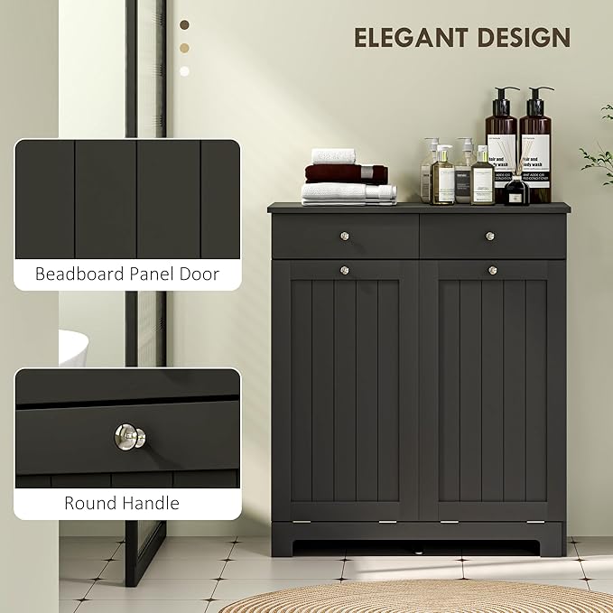 HOMCOM Laundry Hamper Cabinet with 2 Removable Baskets, Tilt Out Laundry Hamper Cabinet with 2 Drawers and 2 Beadboard Doors, Laundry Cabinet Bathroom Storage Cabinet, Black