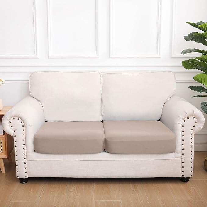 hyha Waterproof Couch Cushion Covers, Stretch Sofa Couch Seat Slipcover for Dog Washable, Non-Slip Waterproof Outdoor Cushion Covers for Patio Furniture Replacement (2 Pieces, Taupe)