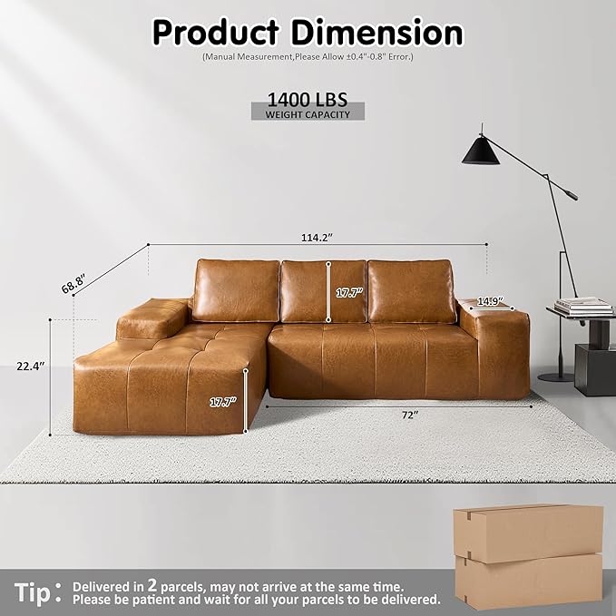 ovios Sectional Cloud Couch for Living Room, Modular Floor Sofa with Plush Corduroy, No Assembly Required, Big Comfy Couches Set with Fluffy Memory Foam, Stupendous U Shaped Sofas with Chaise, Brown