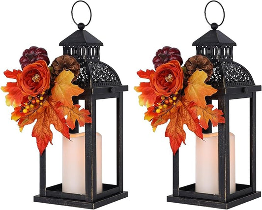 NEEDOMO Fall Decorations for Home, 2 Pcs 15'' Fall Lantern Indoor Outdoor Thanksgiving Decor, Vintage Metal Hanging Candle Holders with Fall Teardrop Wreath and LED Candle for Patio, Porch, Table