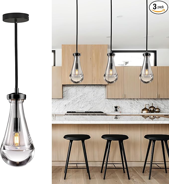 Raindrop Pendant Light Fixtures Set of 3, Black Glass Pendant Lighting, Hand BlownTeardrops Modern Hanging Light for Entryway Foyer Kitchen Island Dining Living Room Hallway