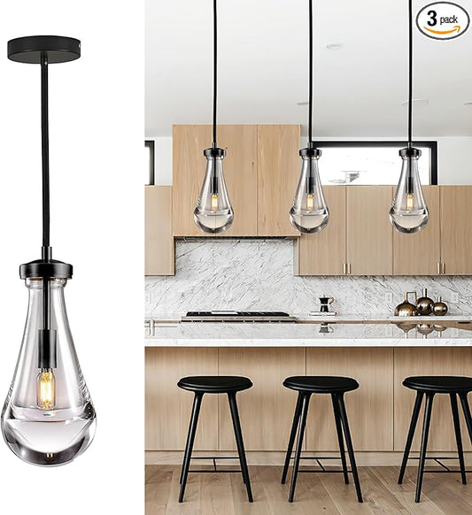 Raindrop Pendant Light Fixtures Set of 3, Black Glass Pendant Lighting, Hand BlownTeardrops Modern Hanging Light for Entryway Foyer Kitchen Island Dining Living Room Hallway