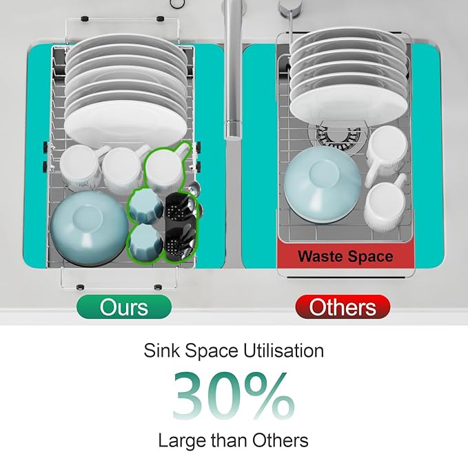 GSlife Expandable in Sink Dish Drying Rack - Stainless Steel Capacity Adjustable Over The Sink Dish Rack (13.4''-20.4''), Dish Drainer for Kitchen Sink Counter with Utensil Holder, Silver